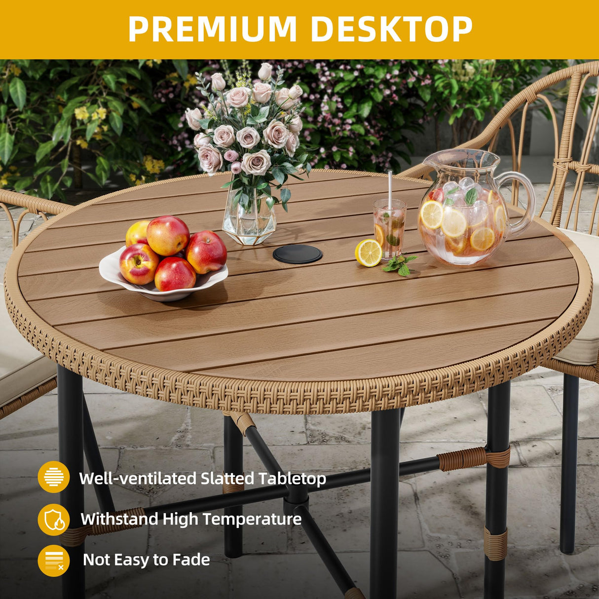 DWVO 5 Piece Patio Dining Sets, Outdoor Dining Furniture Set with 2" Umbrella Hole, Wicker Rattan Round Table and Chairs Set with Comfortable Cushions for Patio, Balcony, Backyard, Beige DWVO