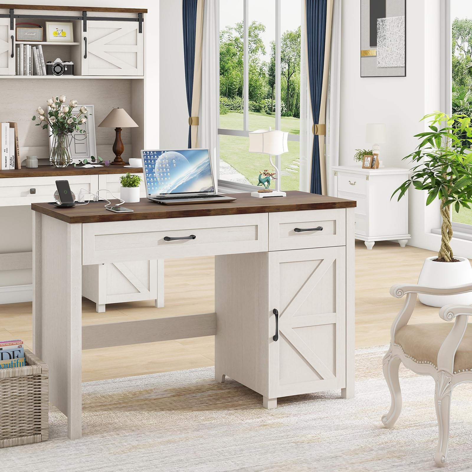 Farmhouse 47" Executive Desk, Computer Desk with Drawers and Storage Cabinet, Workstation Computer Desk for Home Office and Study, Unique White - WoodArtSupply