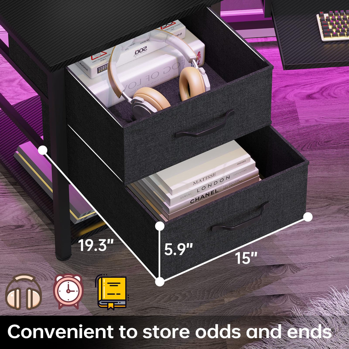 SEDETA 79" Gaming Desk, Computer Desk with 2 Fabric Drawers & LED Light, L Shaped Gaming Desk with Storage Shelf for Home Office, Carbon Fiber Black SEDETA