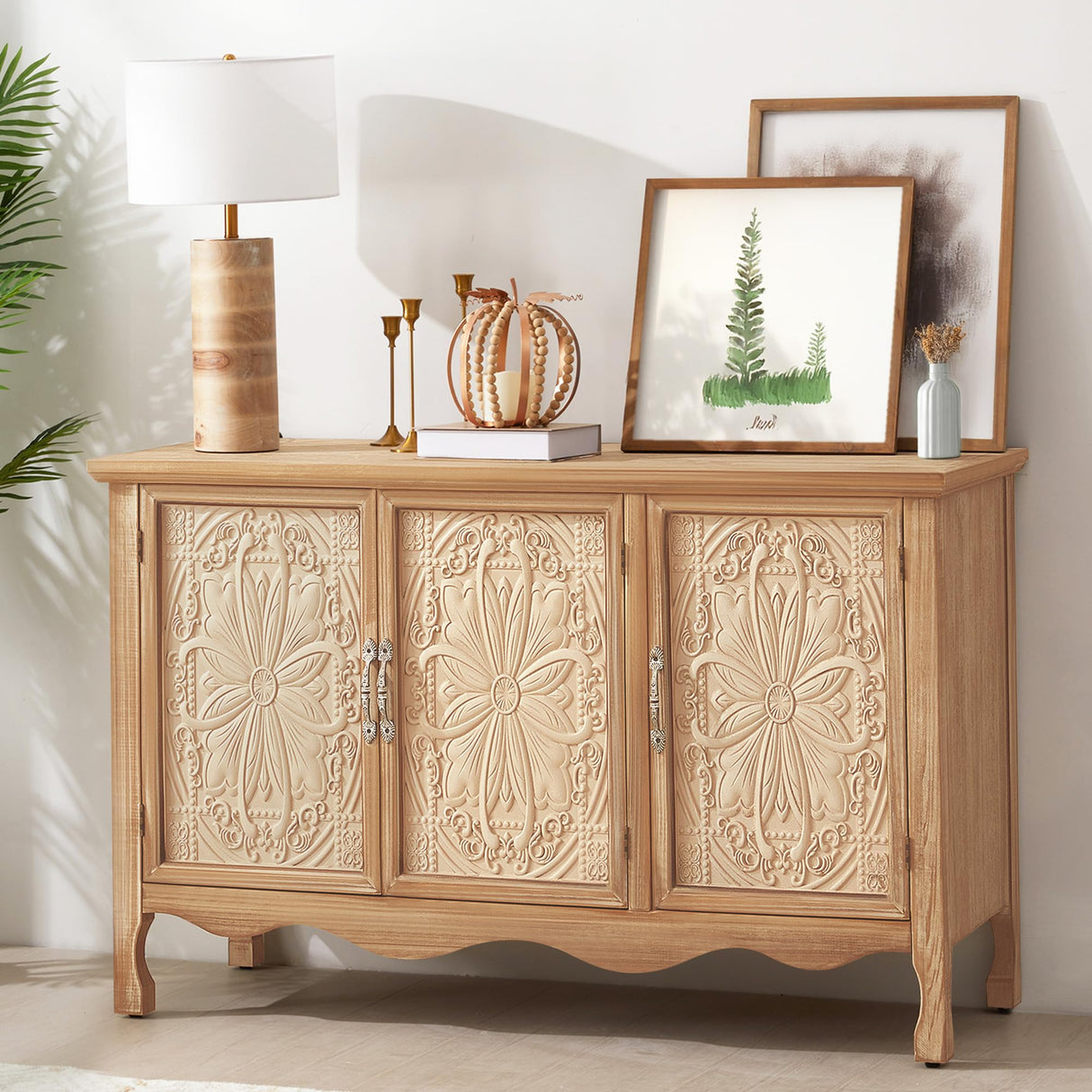 RoyalCraft Sideboard Buffet Cabinet with Storage,49'' Solid Wood Farmhouse Sideboard Credenza Accent Cabinet with 3 Carved Doors, TV Console Table for Entryway, Livng Room, Kitchen, Natural RoyalCraft