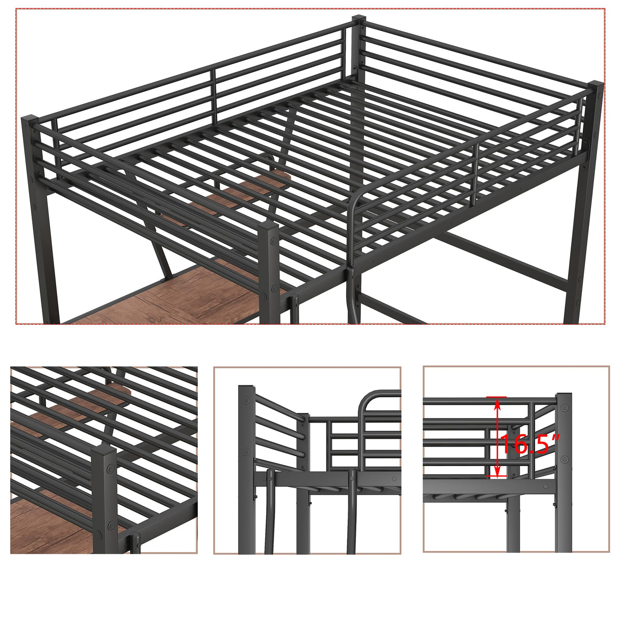 Full Size Loft Bed with Desk and Storage Shelf, Heavy Duty Loft Bed Full Size, Full Loft Bed with L- Shaped Desk and Guardrail, Full Size Loft Bed for Kids, Teens, Adults, Full Size Loft Bed Black Bellemave
