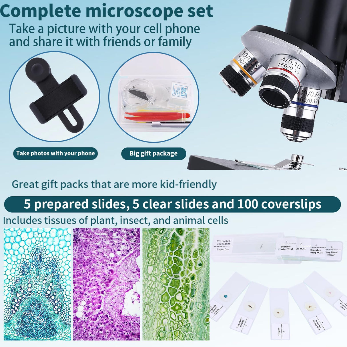 OOZSTAR Microscope for Kids 40X-2000X, Microscope for Children 8-12 Years Old with LED Fill Light, Slides and specimens Ideal for School Labs Homeschooling OOZSTAR