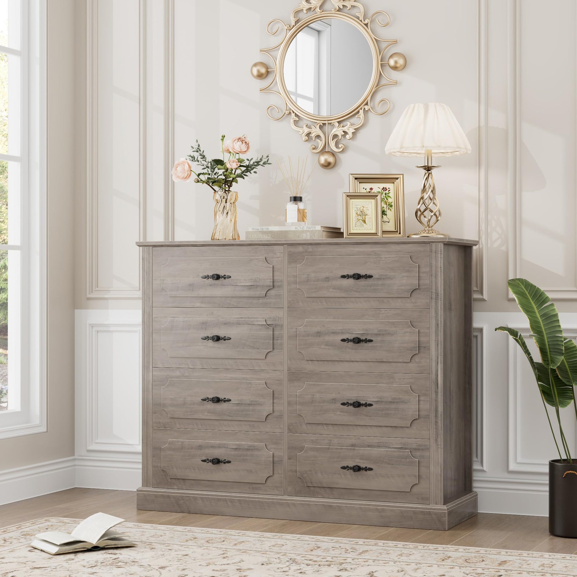 finetones Grey Dresser Chest of Drawers, Farmhouse Dresser Wood Dresser 8 Drawer Dresser with Steel Handles, Modern Dresser Drawers Floor Storage Cabinet for Living Room Hallway Office - WoodArtSupply