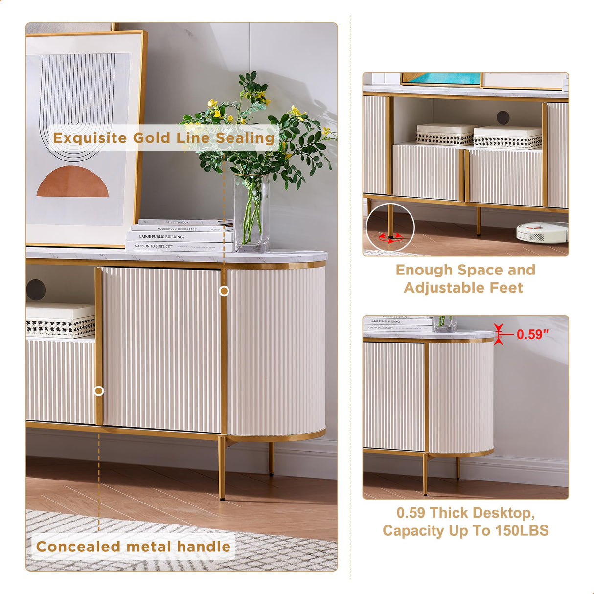 OKD Luxury 70" Fluted TV Stand, Modern Chic Entertainment Center for TVs Up to 80 inches, TV Console with Faux Marble Top, Curved Profile Design, Media Console for Living Room, Off White OKD