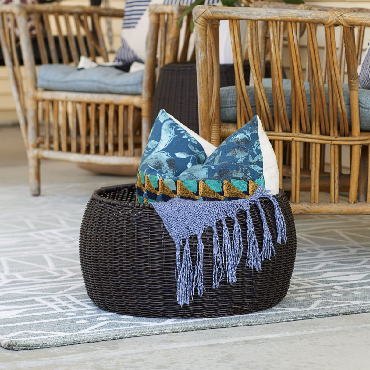 Household Essentials Handwoven Resin Storage Stool Ottoman, 16" Dia. x 9" H, Brown Household Essentials