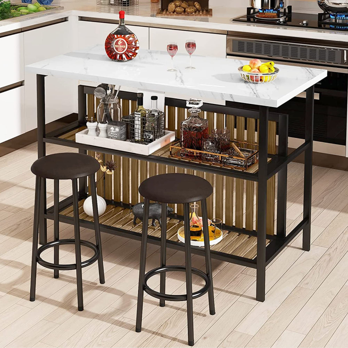 AWQM Kitchen Island with Seating & Storage Shelf, Faux Marble Island Table for Kitchen, Modern Bar Table and Chairs Set for 2,Dining Table Set for Small Space,White AWQM