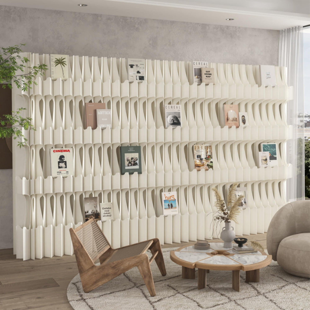 Folding Paper Room Divider Bookshelf with 3 Tier Storage Shelves, Portable DIY Decorative Privacy Screens Partition Wall for Space Separation/Home/Office/Library/Exhibition HELLOPAPO