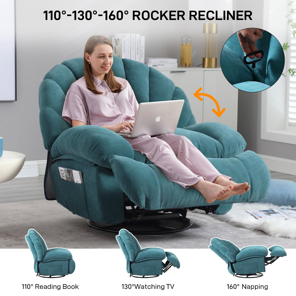YI DANICA Swivel Rocker Recliner Chair – Shell Shape Manual Big Tall Single 360° Swivel Reclining Sofa with Storage Pockets | Small Space-Friendly for Living Room/Bedroom (NO Massage & Heat, Green) YI DANICA