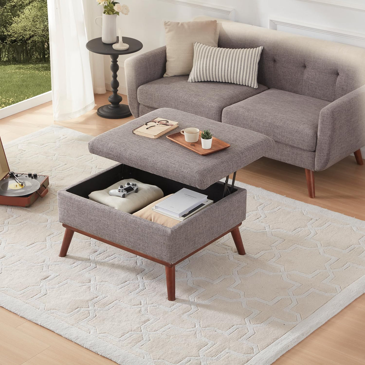 Tbfit Large Ottoman with Storage, 28.3“ Mid Century Modern Rectangle Coffee Table with Lid Lifting Function and High Wooden Legs, Oversized Storage Ottomans for Living Room, Office Room Tbfit