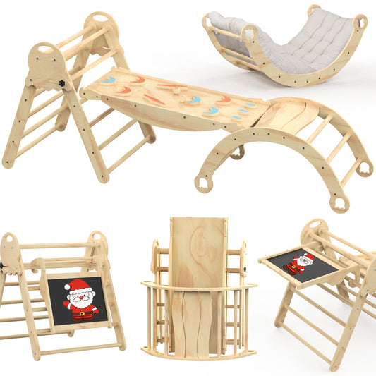 Pikler Triangle Set with Cushion, 8 in 1 Montessori Climbing Set, Foldable Wooden Climbing Set with Arch, Ramp & Ladder Baby Climber Montessori Toys Indoor Jungle Gyms Indoor Playground for Toddlers