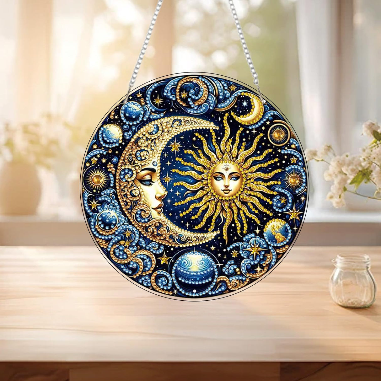 RYMILIE Sun and Moon Diamond Art Hanging Kit for Adult,Special Shaped Rhinestone,Double Sided 5D DIY Acrylic Diamond Art Painting Window Pendants Home Garden Wall Hanging Kits Hanging Ornament RYMILIE