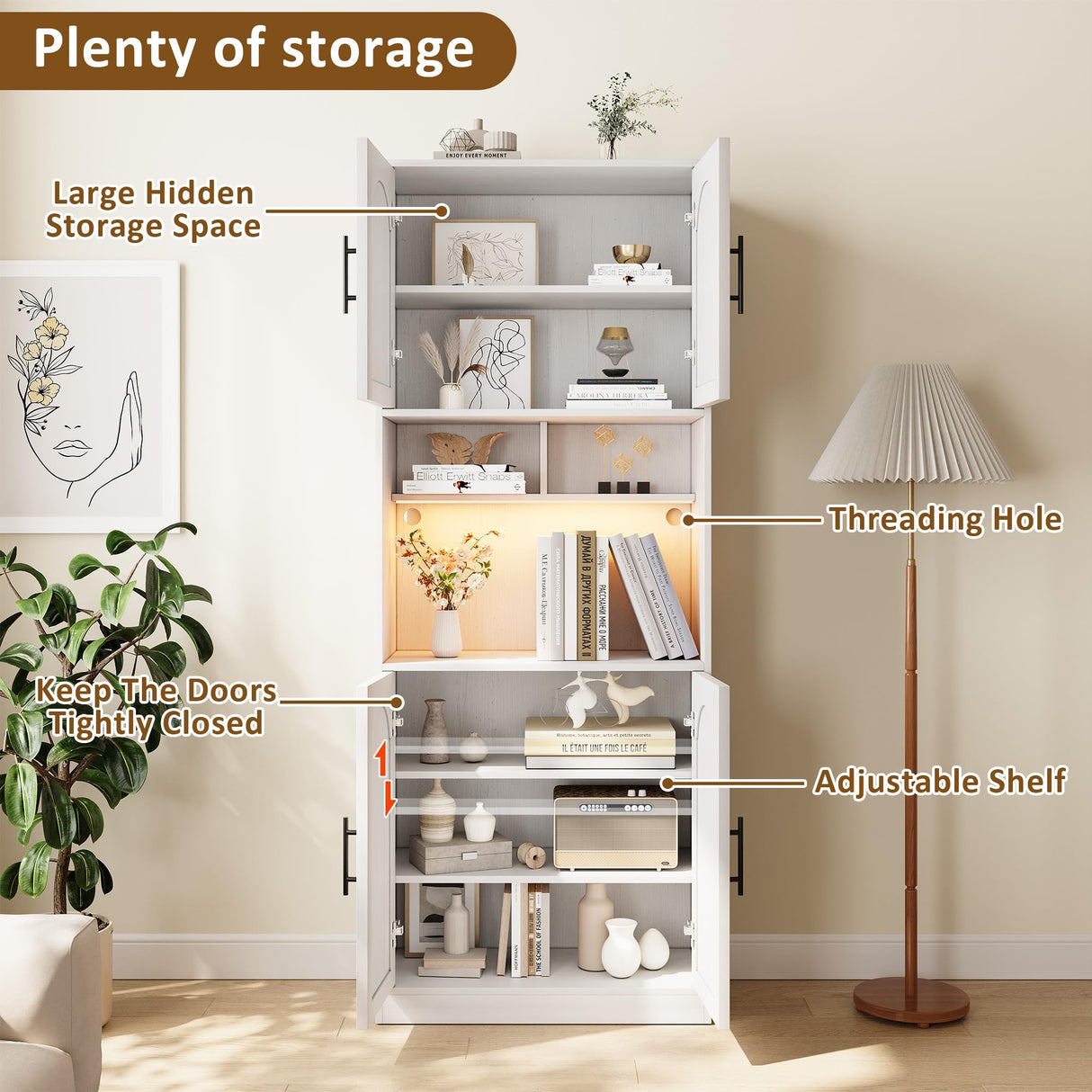 GarveeHome 71” Tall Kitchen Pantry Storage Cabinet with Microwave Shelf and LED Light, Storage Cabinet with Door and Shelve, Hutch Cabinet with Storage for Dining Room, Living Room, Bathroom, White GarveeHome