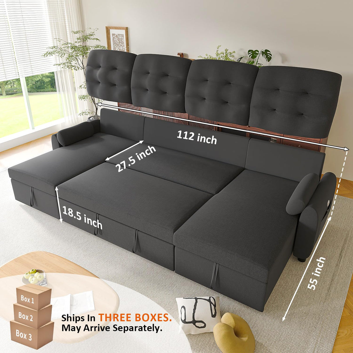 Ucloveria Sleeper Sofa Bed, 112" U-Shaped Sectional Sofa Couches for Living Room, Pull Out Couch Bed with Dual Reversible Storage Chaise | USB Ports | Side Pockets | Removable Backrest Ucloveria