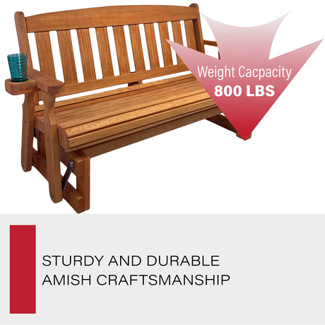Amish Heavy Duty 800 Lb Mission Pressure Treated Porch Glider with Cupholders (5 Foot, Cedar Stain) Amish Casual