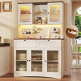 HUAHUU 71" Kitchen Pantry Cabinet with Lights & Acrylic Doors, Pantry Storage Cabinet with Microwave Stand, Kitchen Hutch Food Cabinets with Charging Station, Adjustable Shelves, White HUAHUU
