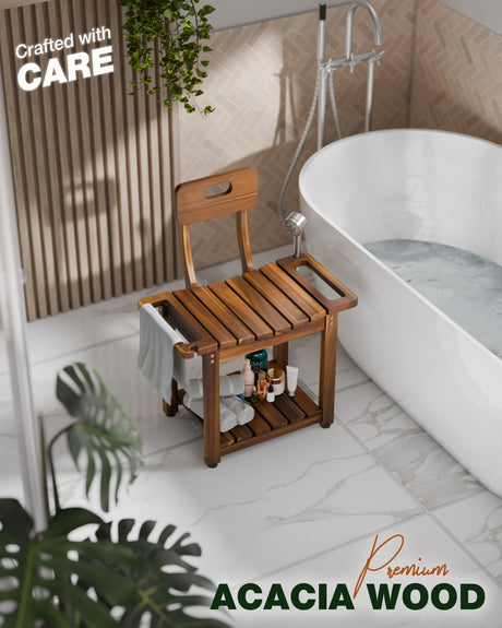 BLUEWEST 23.4'' Shower Chair with Backrest Bath Chair for Inside Shower or Tub, Heavy Duty 450 lbs Support, Non-Slip Feet, Shelf Storage, Built-in Handles for Elderly or Adults (Acacia) BLUEWEST