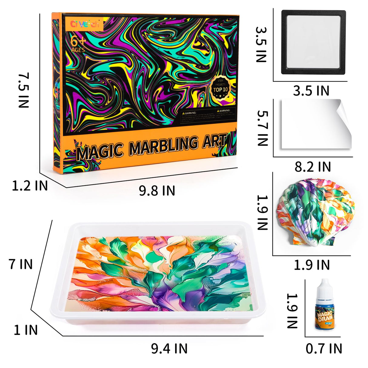 Ci Vetch Water Marbling Paint Kit for Kids, Arts & Crafts, Non-Toxic, Age 3-12, Includes 6 Colors, 10 Sheets, Tools, 12 Shells, 2 Display Boxes Ci Vetch