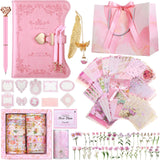 Janlaugh DIY Journal Diary with Lock Set Scrapbook Kit Stationary Diary Supplies Art Crafts Kit for Birthday Holidays Ideal Gifts for Women Teen Girls(Pink,Classic) Janlaugh