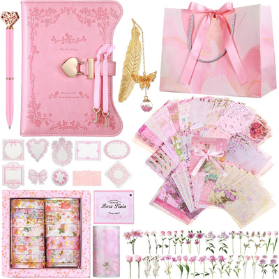 Janlaugh DIY Journal Diary with Lock Set Scrapbook Kit Stationary Diary Supplies Art Crafts Kit for Birthday Holidays Ideal Gifts for Women Teen Girls(Pink,Classic)