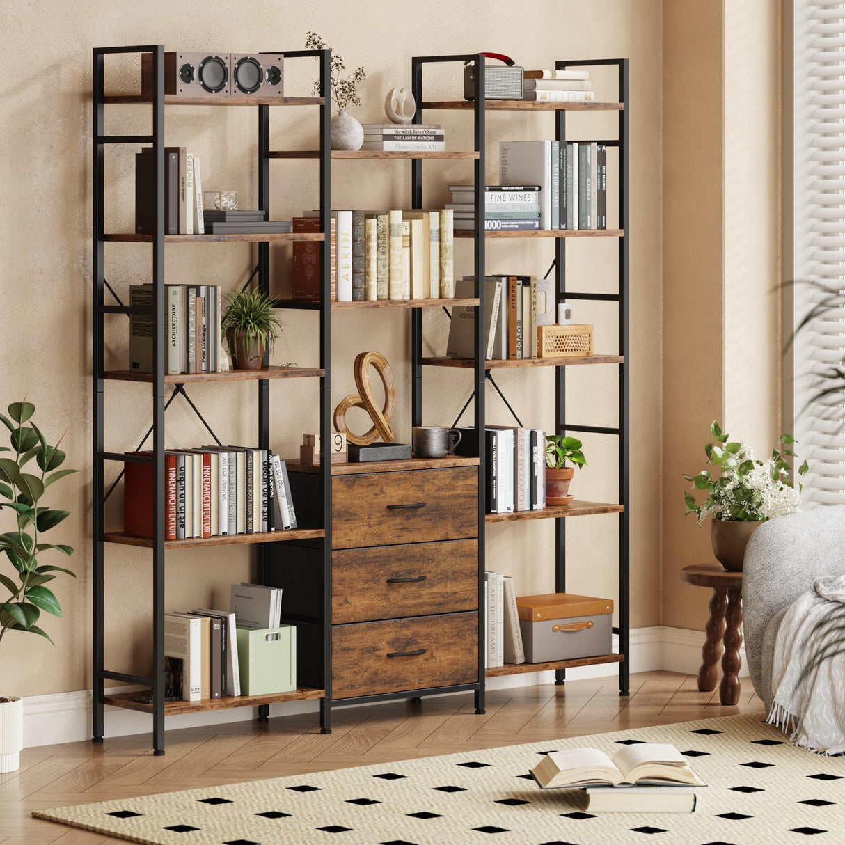 AFLUI Triple Bookshelf with 3 Fabric Drawers, 5-Tier Book Shelf and 10 Display Shelves, Industrial Large Bookcase for Home & Office, Rustic Brown, 47'' Wide AFLUI