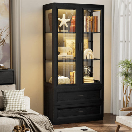 BROTTAR Display Cabinet with LED Lights, Curio Storage Cabinet with Acrylic Doors & 2 Drawers, 67" Bookcase Display Case for Collectibles, Human Body Sensor, Home Office, Living Room, Black BROTTAR