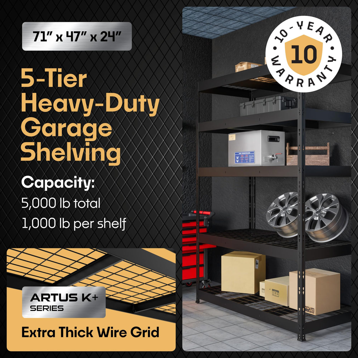 Metalkast Heavy-Duty Metal Garage Shelving | 71" H x 47" W x 24" D | Adjustable Industrial Storage Rack with Wire Shelves | 5-Tier Steel Shelving Unit, 5,000LB Capacity, Rust-Resistant Coating Metalkas