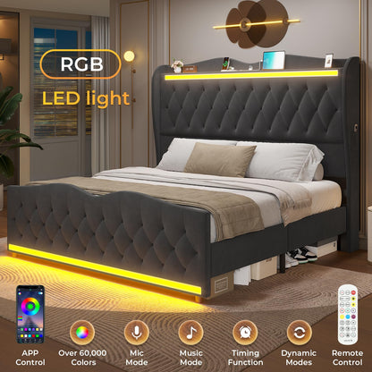 ADORNEVE Velvet King Bed Frame with LED Lighting, Storage Headboard & Charging Station - Dark Grey Wingback Design - WoodArtSupply