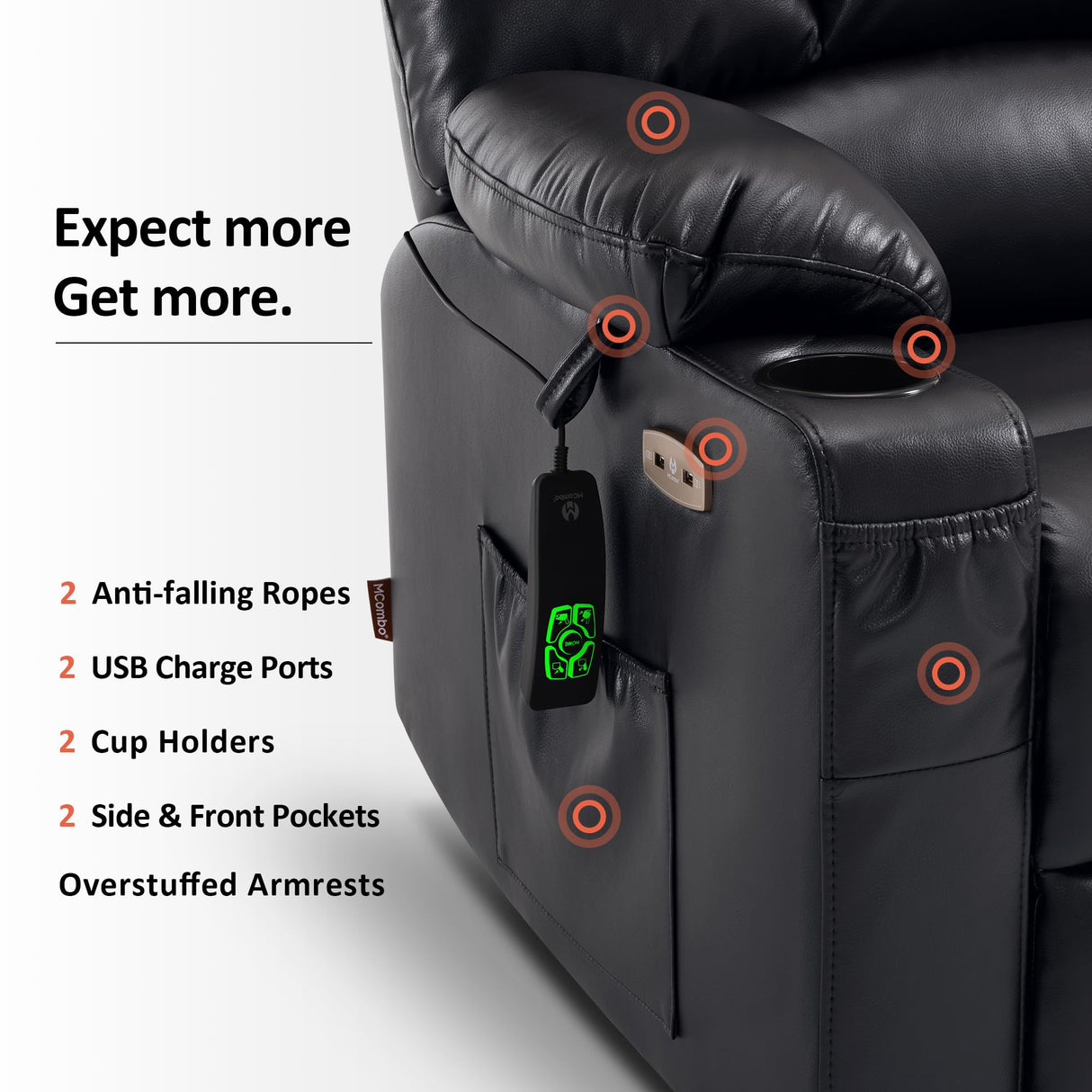 MCombo Oversized Dual Motor Power Lift Recliner Chair Sofa with Massage and Heat for Big Elderly People, Infinite Position, USB Ports, Faux Leather R7688 (Black, Large-Oversize) MCombo