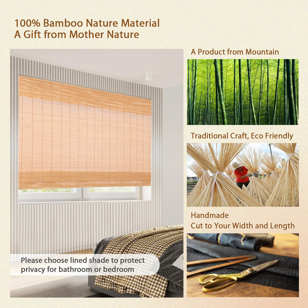 CHEFRU Cordless Bamboo Window Roman Shades, Almond, Indoor/Outdoor Privacy Cordless Wood Window Shades Blinds CHEFRU