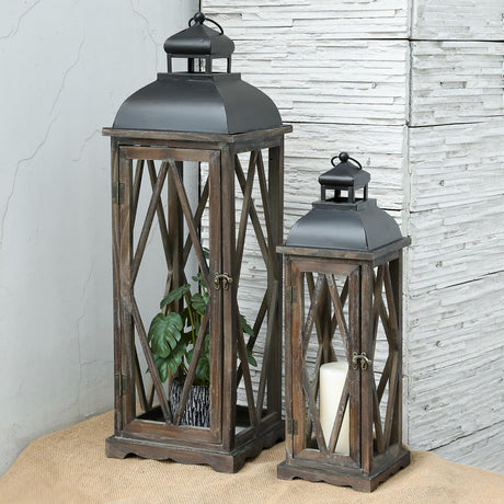 Farmhouse Wooden Lantern Set, 2-Piece Rustic Candle Lanterns, Vintage Large 9” x 9” x 29” & Small 6.3” x 6.3” x 20.4” Lanterns for Indoor & Outdoor Decor, Decorative Lanterns Without Glass Panels SUJUN