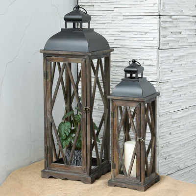 Farmhouse Wooden Lantern Set, 2-Piece Rustic Candle Lanterns, Vintage Large 9” x 9” x 29” & Small 6.3” x 6.3” x 20.4” Lanterns for Indoor & Outdoor Decor, Decorative Lanterns Without Glass Panels