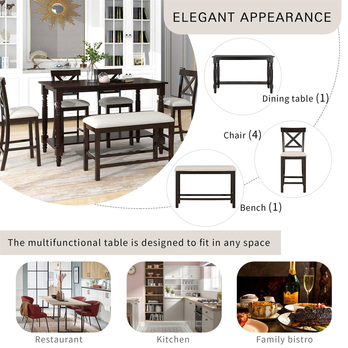 6-Piece Dining Table Set Wood Rectangular Couter Height Dining Table with 4 Chairs and a Bench Modern Dining Set for 6 People Ideal for Kitchen, Dinning Room and Bar Table, Espresso Bellemave