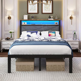 ChicZhiNest Full Bed Frame with Charging Station, LED Lights, Heavy Duty Metal Slats, Headboard with Upholstered Back and Storage Shelves, No Box Spring, Noise-Free, Easy Assembly, Dark Gray ChicZhiNest