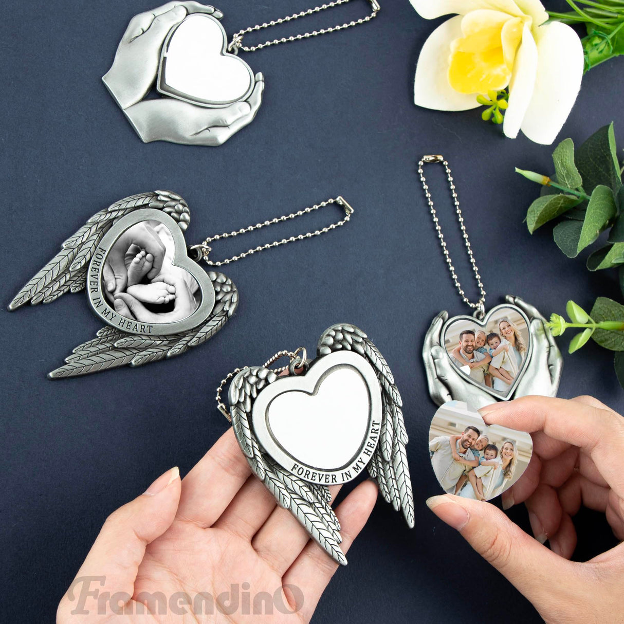 Framendino, 4 Pack Sublimation Blank Angel Wing Car Hanging Ornament Pendant Heart Photo Frame DIY Charms Framendino
