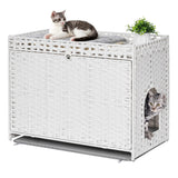 Cat Litter Box Enclosure with Soft Litter Mat; Hidden Cat Washroom Furniture with Door; Handwoven Rattan Cat House with Large Space; Pet Crate for Living Room, Bedroom, Balcony (White) Honiakaka