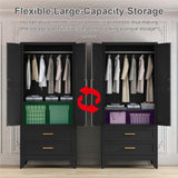 Washsemba 71'' Farmhouse Metal Wardrobe Cabinet with Hanging Rod, 2 Barn Door Wardrobe Closet with Adjustable Shelves,2 Drawer,for Dining Room,Bedroom,Living Room, Cloak Room,Office (Black) Washsemba