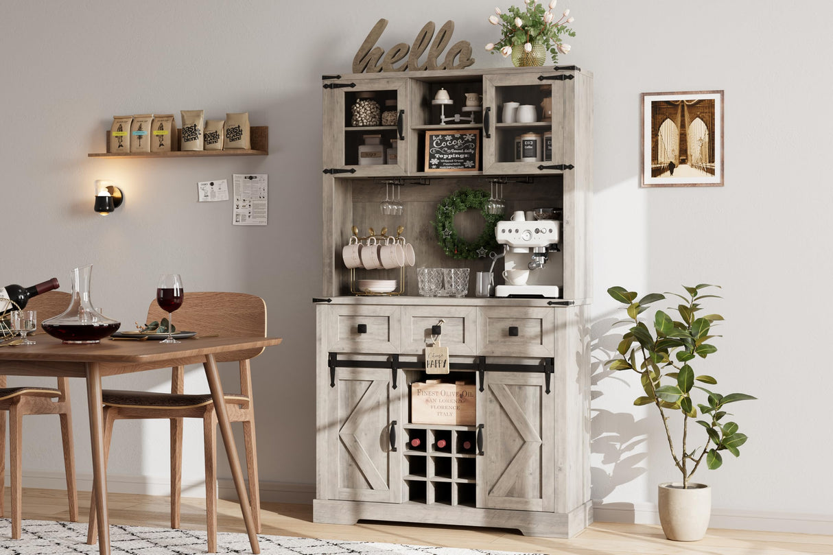 72" Farmhouse Bar Cabinet with Sliding Barn Door, Tall Kitchen Buffet with Storage Hutch and 3 Drawer, Rustic Coffee Wine Bar Sideboard with Wine & Glasses Rack, for Living Room, Washed Grey GarveeHome