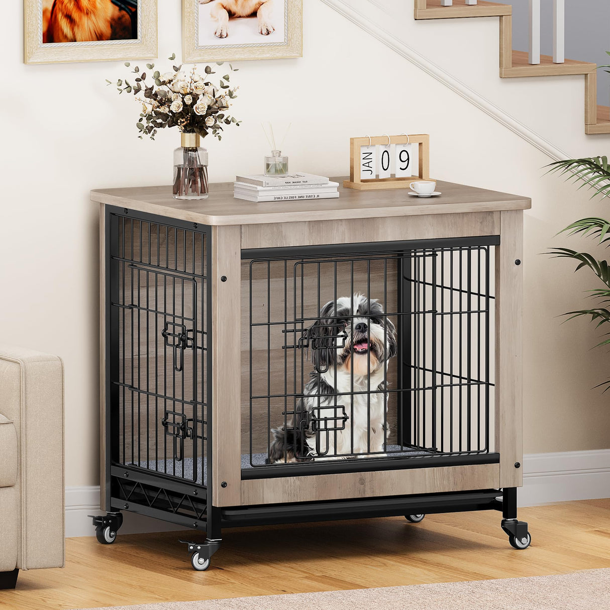 YITAHOME Dog Crate Furniture with Cushion, Dog Kennel Indoor with Wheels, Dog Crate End Table with Tray, 27" Dog Cage with Double Doors for Small Dog (Gray) YITAHOME