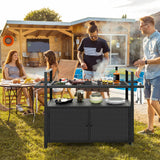 Tangkula Outdoor Bar Cart Table, Patiojoy Rolling Wicker Buffet Wheeled Serving Cart with Tempered Glass Top, Storage Cabinet & 8 Hooks, for Porch Backyard Garden Poolside (Black) Tangkula