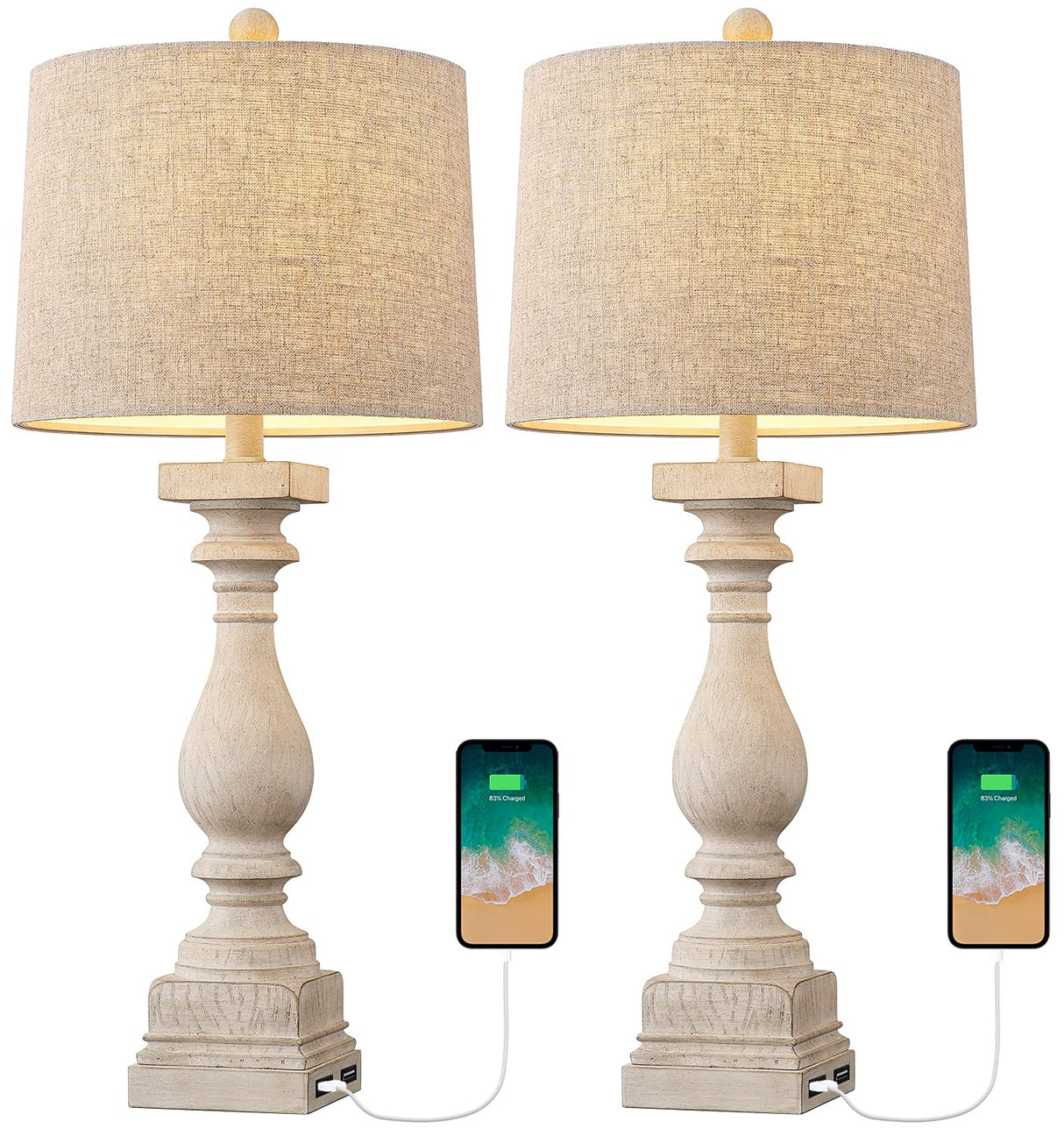 BOBOMOMO 27.75" Table Lamp with USB C+A Charging Ports Set of 2 Antique Nightstand Lamp for Bedroom Living Room Farmhouse Office Retro Rustic Resin Bedside Desk Lamps Washed White BOBOMOMO