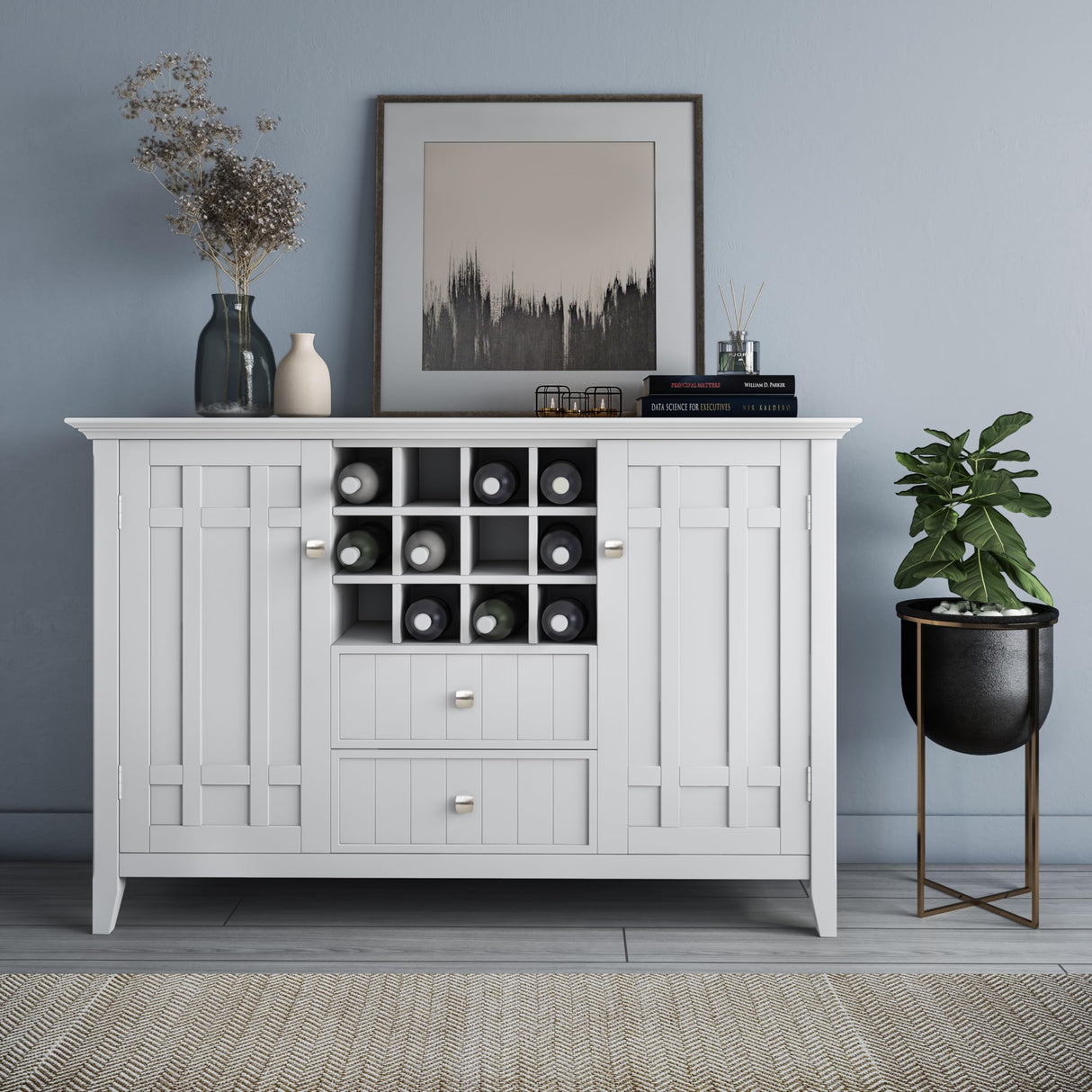 SIMPLIHOME Bedford SOLID WOOD 54 Inch Wide Transitional Sideboard Buffet and Wine Rack in White, For the Dining Room and Kitchen SIMPLIHOME