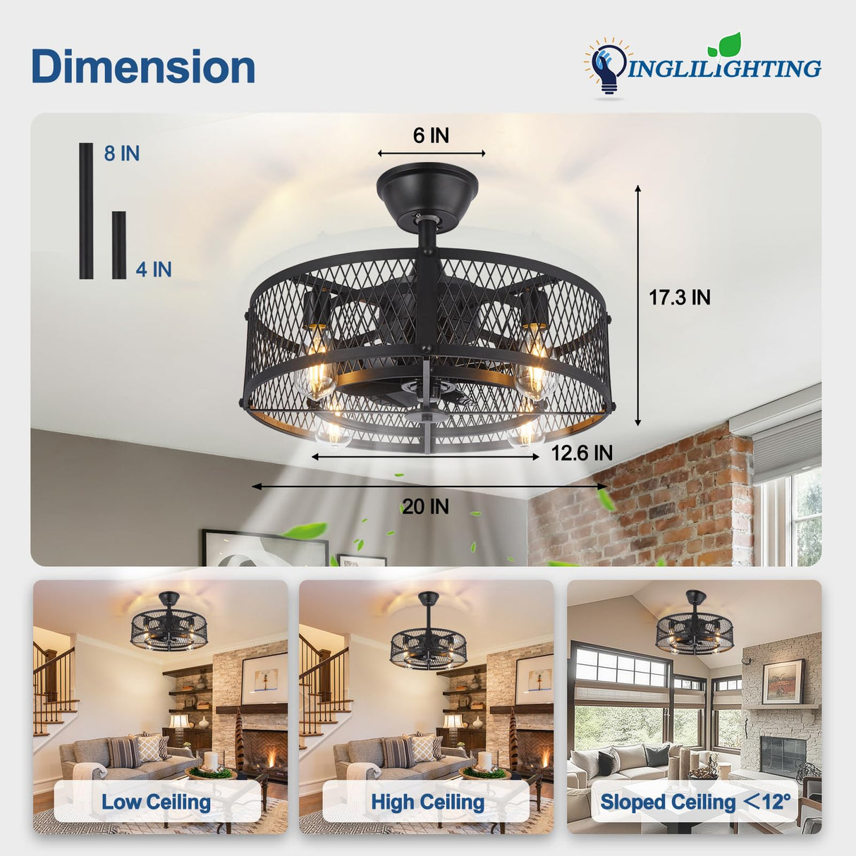DLLT Caged Ceiling Fan with Light: 20" Farmhouse Fandelier with Light and Remote - Black Rustic Chandelier with Fan for Bedroon Kitchen Living Dining Room DINGLILIGHTING