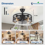 DLLT Caged Ceiling Fan with Light: 20" Farmhouse Fandelier with Light and Remote - Black Rustic Chandelier with Fan for Bedroon Kitchen Living Dining Room DINGLILIGHTING