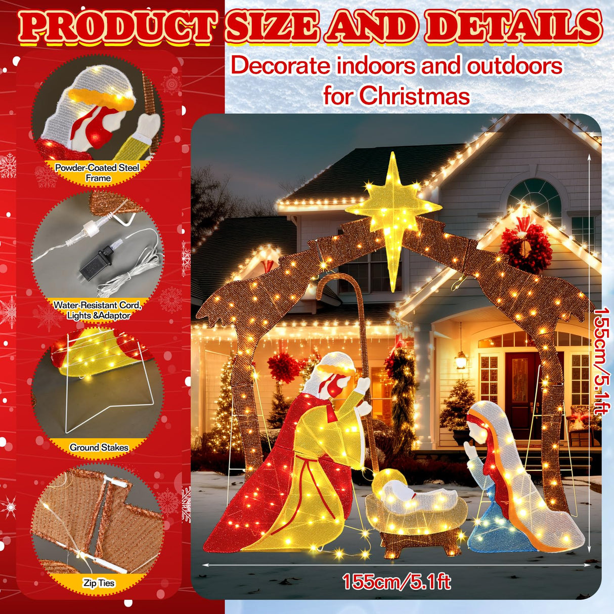 Tujoe Lighted Outdoor Nativity Scene Christmas Nativity Set with Yellow LED Lights Nativity Set Outdoor Christmas Yard Decorations Outdoor Christmas Holy Family Yard Decoration for Holiday Lawn Garden Tujoe