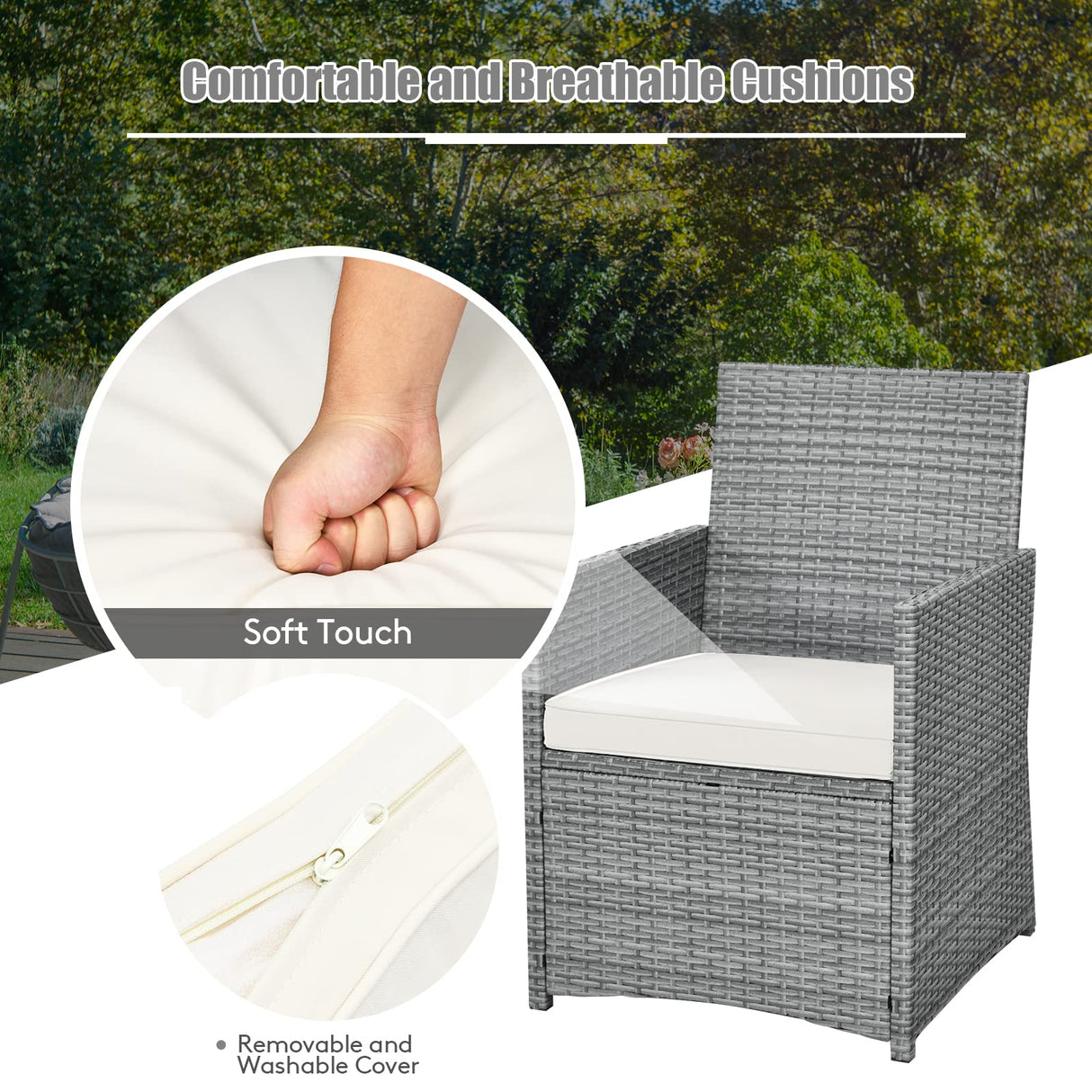 Tangkula 3 Pieces Patio Dining Set, Patiojoy Space-Saving PE Rattan Bistro Set with Tempered Glass Top Table and Cushioned Chairs, Outdoor Conversation Set for Garden, Backyard, Poolside, Porch Tangkula