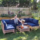 FHFO 7 Piece Outdoor Wicker Patio Furniture Set, Rattan Sectional Sofa Couch, Patio Conversation Set with Cushion & Coffee Table, for Backyard Poolside Porch Garden, Yellow/Blue FHFO