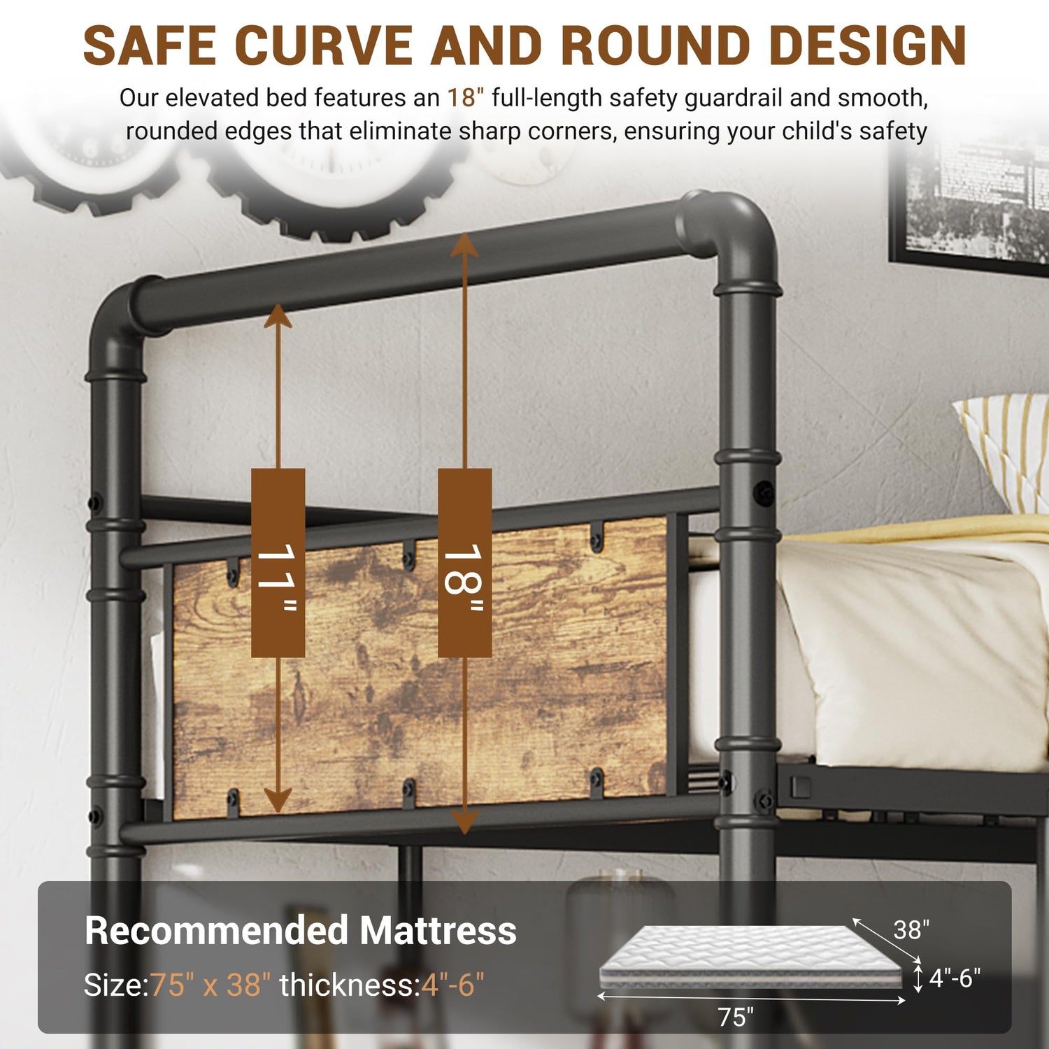 IDEALHOUSE Loft Bed Twin Size with l-Shaped Desk, Metal Bunk Bed with 2 Open Shelves and Decorative Mesh, Twin Loft Bed with 13.4" h Safety Guard & Ladder,No Box Spring Needed,Brown IDEALHOUSE