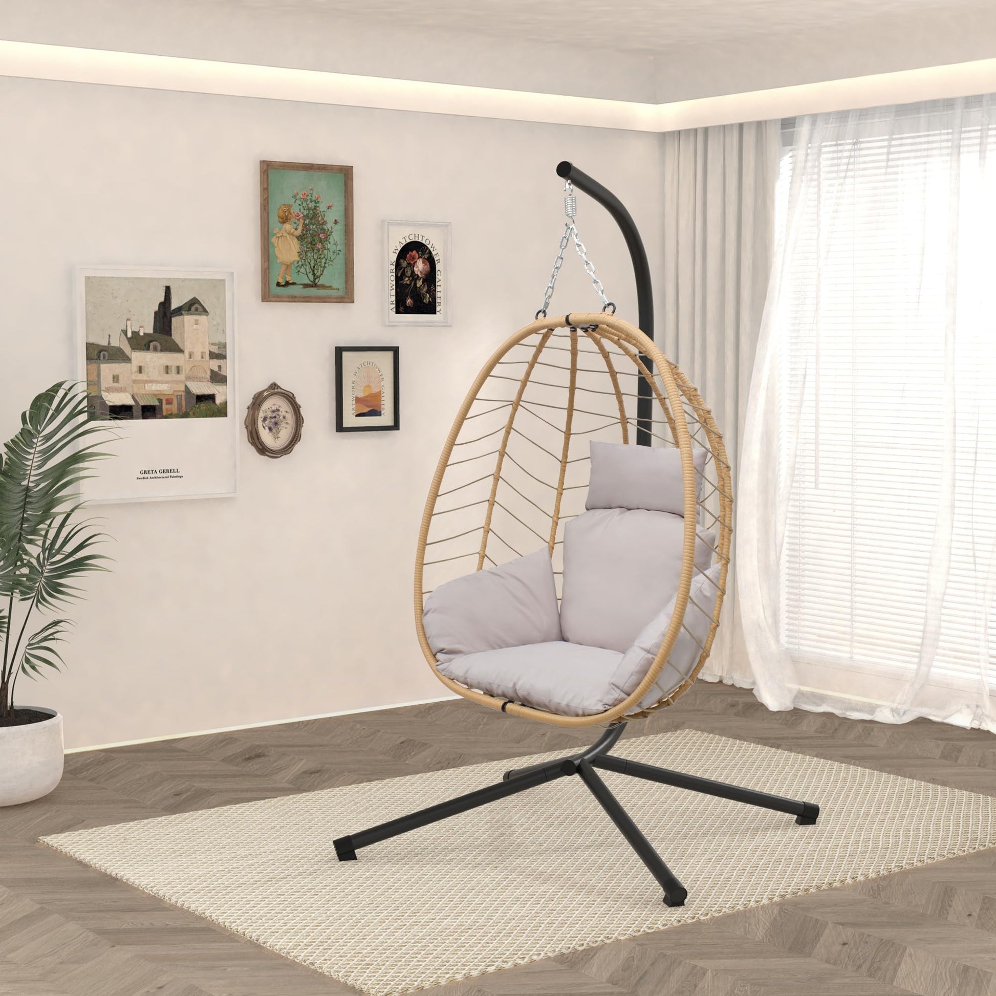 VARVIND Hanging Egg Chair with Stand Patio Hammock Swing Chair, Basket Wicker Rattan Adjustable Height UV Resistant Indoor Outdoor Use 350Lbs Beige Grey - WoodArtSupply