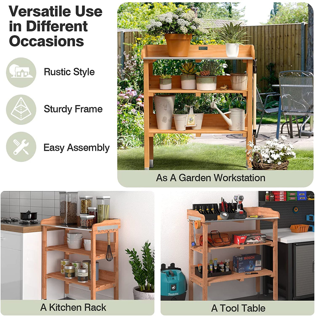 LUARANE Wooden Garden Potting Bench Work Station, 3-Tier Storage Shelf, Metal Tabletop Bonsai Table with 5 Hooks on The Side LDAILY