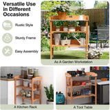 LUARANE Wooden Garden Potting Bench Work Station, 3-Tier Storage Shelf, Metal Tabletop Bonsai Table with 5 Hooks on The Side LDAILY